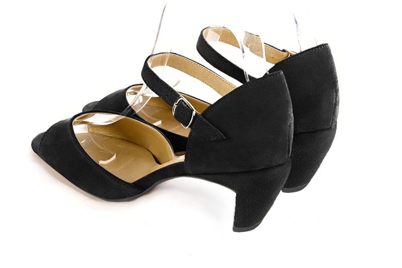 Matt black women's closed back sandals, with an instep strap. Square toe. Medium comma heels - Florence KOOIJMAN